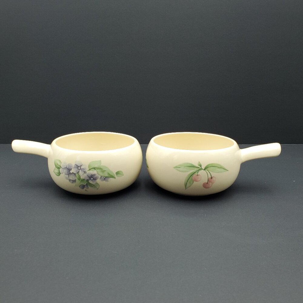 Pfaltzgraff Garden Party Stick Handle Soup Bowls Violets Cherries Soup Mugs